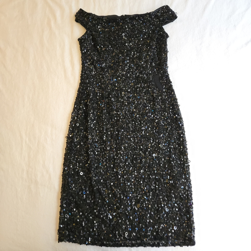 Adrianna Papell Black Sequin Off-Shoulder Midi Evening Party Dress MI3 - Picture 2 of 16